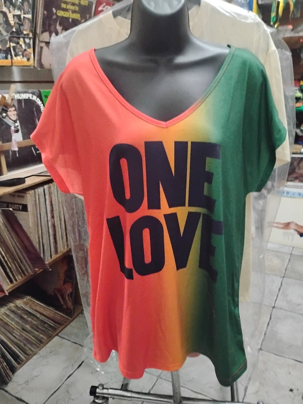 ONE LOVE ♥️💛💚Womens V-Neck Gradient Tee - Red Green